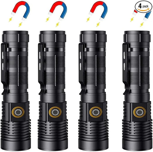 Hoxida Rechargeable Flashlights High Lumens - 1500 Meters Long Beam Super Bright LED Magnetic Flashlight USB Zoomable 5Modes Small Long Beam Spotlight Flashlight for Hiking, Camping, 4pcs