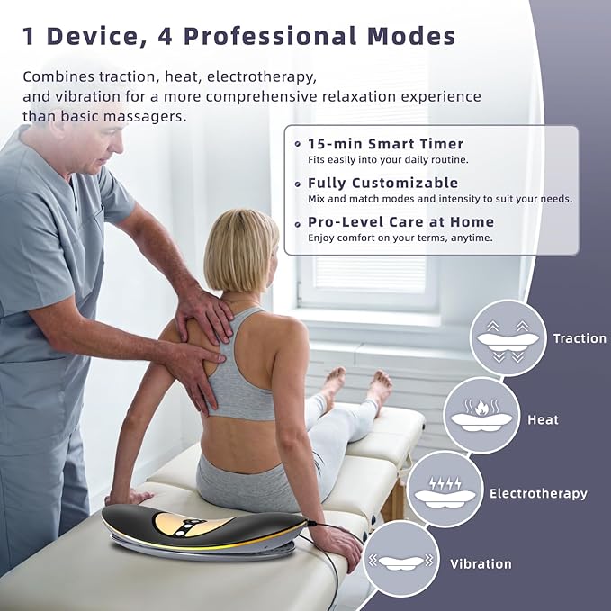 Zenopax 4-in-1 Electric Lumbar Traction Device - Adjustable Back Massager for Deep Tissue Pain Relief with Heat, Vibration, Electrotherapy, Home Lumbar Decompression ＆ Sciatica Relief(Golden)