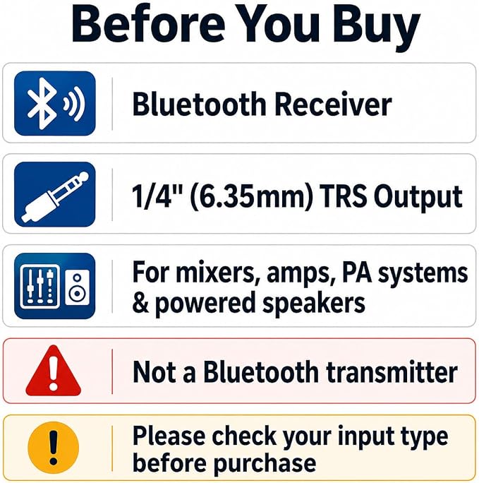 6dot35 Bluetooth Receiver with 1/4" TRS Output for Mixers | Receiver only, not a Bluetooth transmitter, aptX HD, TWS pairing, for PA systems and amps