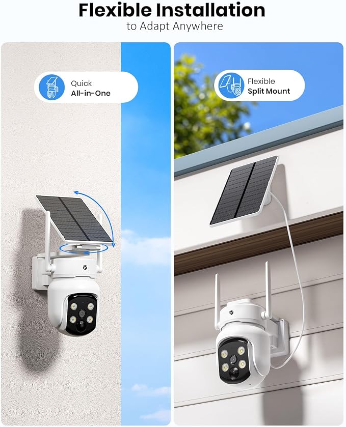 Solar Camera Wireless Outdoor, Security Camera with 2-in-1 Solar Panel, 4MP PTZ WiFi Camera, 360° Coverage, Dual-Band 2.4/5GHz, Color Night Vision Spotlight, Human Detection, No Monthly Fee
