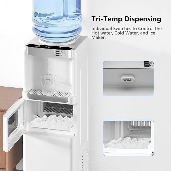 Electactic Water Dispenser with Ice Maker Function, Top Loading Hot and Cold Water Cooler for 5 Gallon Bottle - Includes Child Safety Lock - Water Machine for Home, Office, Garage - White