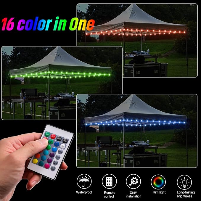 Waybelive LED Canopy and Umbrellas Rope Lights, 39.4 Ft Remote Control Rim LED Light String, 16 Color Change by Yourself, Waterproof, C Battery Powered, Bright to Display at Night Outdoors