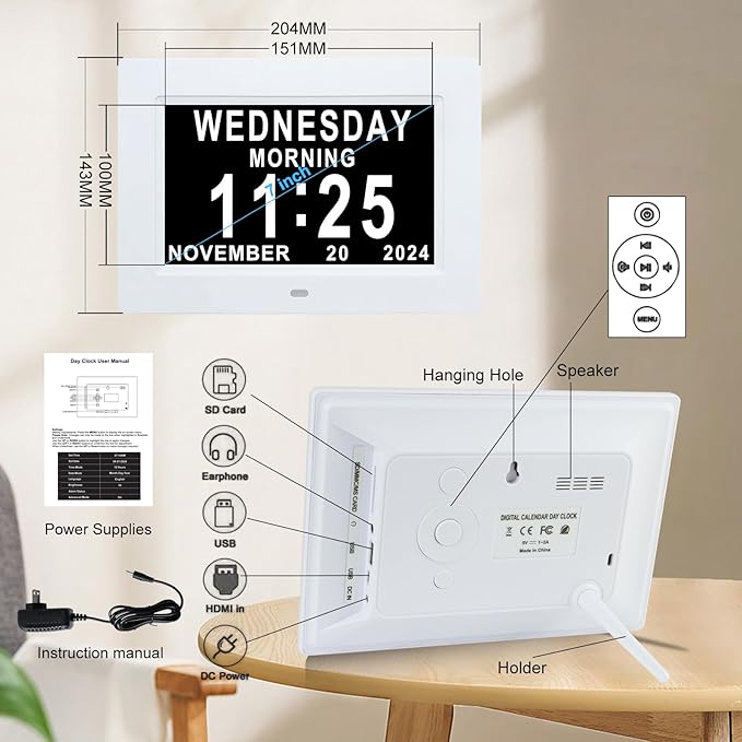 Johnziny 7 Inch Digital Clock with Day and Date for Elderly Large Display for Elderly Dementia Clock Customizable Alarms, 12 Alarms,4 Colors Display Digital Calendar Alarm Clock (White)