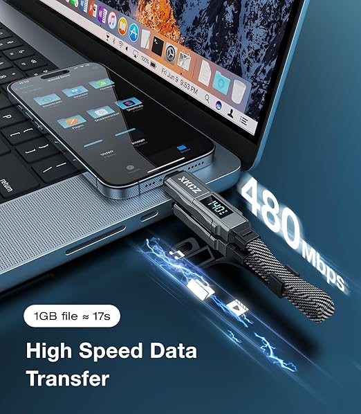 XKCZ Keychain USB C Cable with V/A/W Display, 4 in 1 Charging Cable Combo Type C/USB A/L Port, 140W Fast Charging Short Cable, USB C Keychain Portable Cord for iPhone/iPad/Samsung/Laptop, 8 inches
