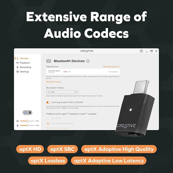 Creative BT-W6 Wireless Bluetooth 5.4 and LE Audio Transmitter with Snapdragon Sound, aptX Lossless, Low Latency and up to 24-bit / 96 kHz Audio, Works with PC/Mac/Gaming Consoles