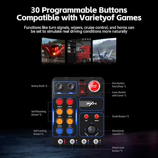 PXN CB1 Sim Racing Button Box for Racing, Truck & Farming Simulators/Games – USB Controller with 19 Buttons (9 Types), 30 Programmable Functions, RGB Lighting for Windows PC Wheel Bases