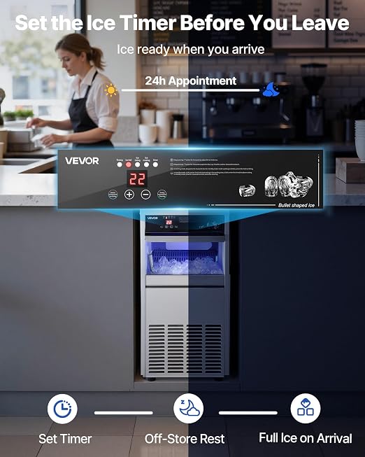 VEVOR Commercial Ice Maker Machine, 100 lbs/24h with 30-35 lbs Storage, Bullet Ice,Built-in/Freestanding/Under Counter, Stainless Steel Ice Maker with LED Display for Home Bar Restaurant