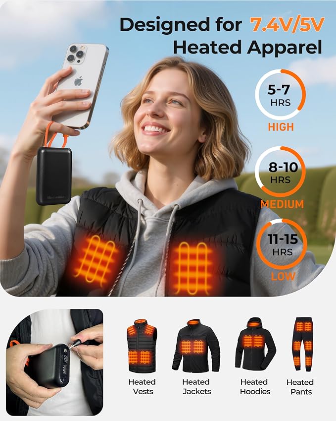 7.4V 5V 20,000mAh Heated Vest Battery Pack, Battery Pack for Heated Vest Compatible with ORORO, for TODWARM, for XINSONYUELL, for Weamest, Power Bank with Built-in USB-C Cable (No for Venustas)