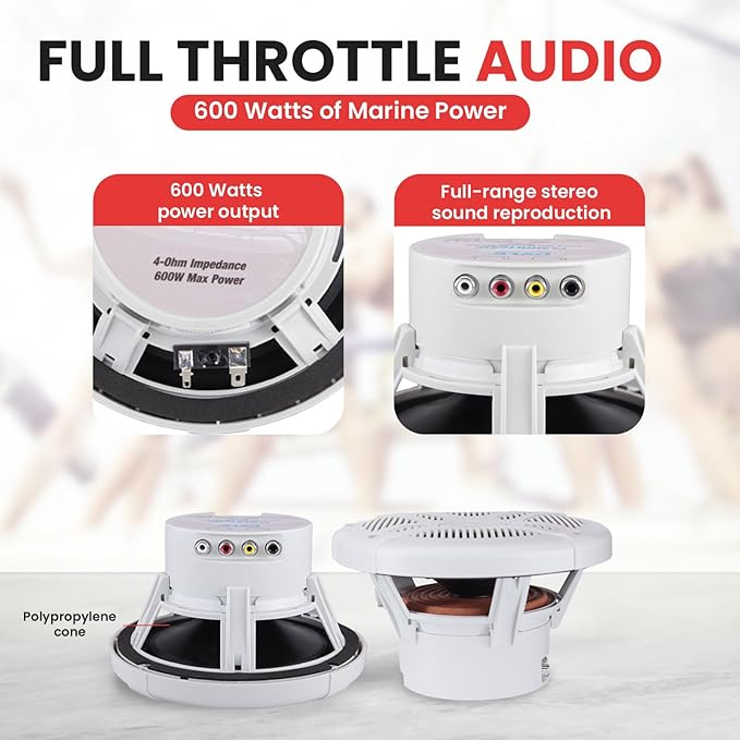 Pyle Dual 6.5” Waterproof Marine Audio Kit with Bluetooth Amplified Receiver & Handheld Microphone, Complete Onboard Sound System with 6.5 Marine Speakers for Boats and Watercraft (White)