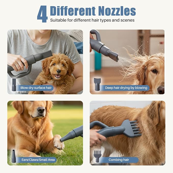 Dog Hair Dryer, Low Noise Pet Dryer for Cats, 1550W High Velocity Pet Blow with Heater for Grooming, Dogs Other Animals Hair Trimmer, Grey