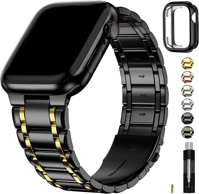 Fullmosa Bands Compatible with Apple Watch Band 45mm 44mm 42mm 46mm 49mm 41mm 40mm 38mm,Stainless Steel iWatch Band with Case for Apple Watch Series 11 10 9 8 7 6 5 4 3 2 1 SE3/2/1 Ultra3/2/1, 42mm 44mm 45mm, Black and Gold