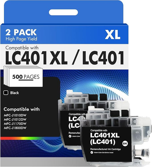 LC401XL LC401 MFC-J1010DW Black Ink Cartridges Compatible for Brother LC 401XL Ink Cartridges for Brother MFC-J1010DW MFC-J1170DW MFC-J1012DW MFC-J1800DW MFC-J1010DW Printer (High Yield, 2 Black Pack)