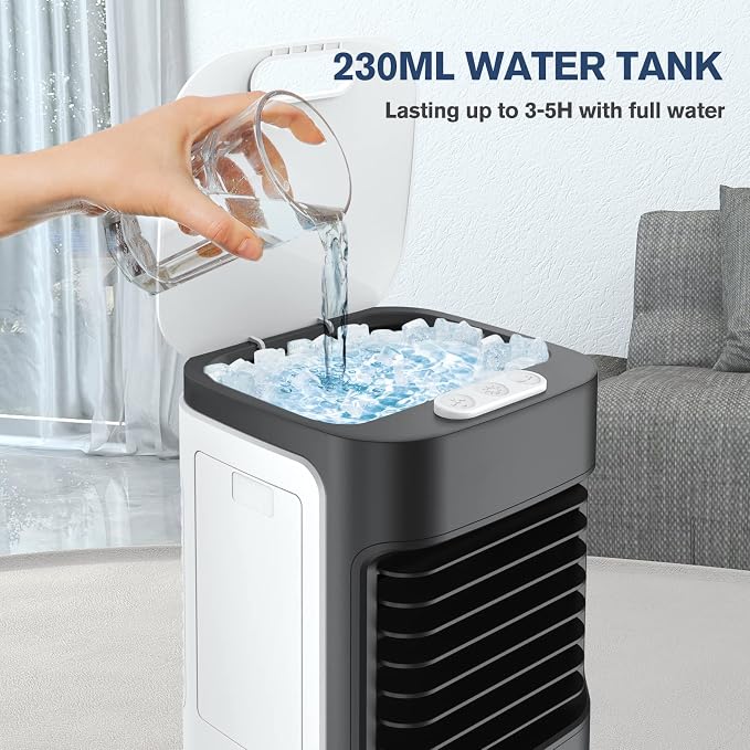 Evaporative Portable Air Cooler, 100° Oscillating Mini Air Conditioner, 3 Speeds, 7 Color LED Lights, USB Powered, Personal Mini Fan For Bedroom Table Office Outdoors