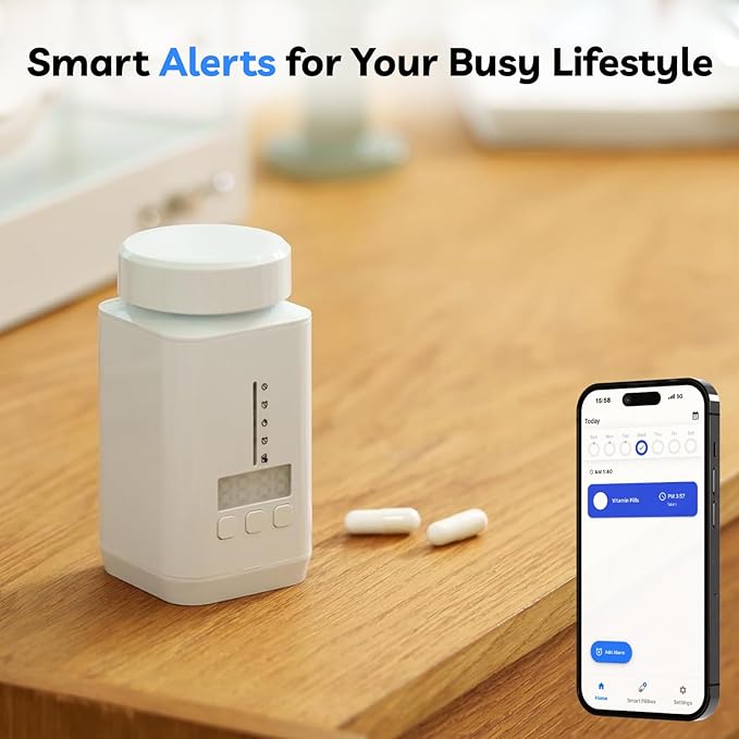 DEFI Smart Pill Bottle | Bluetooth Pill Organizer, Travel Medication Organizer & Daily Pill Case, Portable Medicine Holder for Vitamins & Supplements | Sound & Light Reminder App