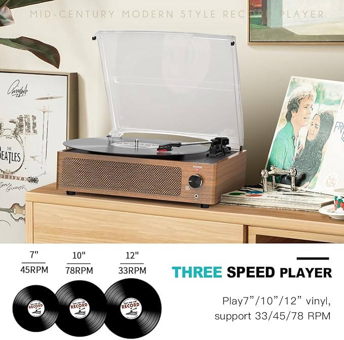 Retro Record Player for Vinyl with Speakers Vintage Turntable Vinyls Records Belt-Driven Turntables 3-Speed 3 Size 33 1/3 45 78 RPM Wireless Playback Headphone AUX RCA Line LP Vinyl Players Wood Grain