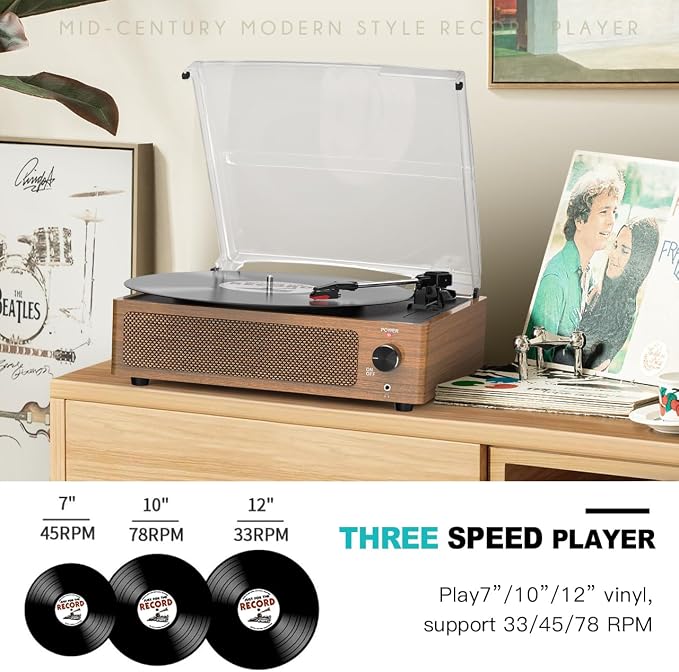 Vintage Record Player for Vinyl with Speakers Retro Turntable BT Wireless Bluetooth LP Phonograph Belt-Driven Turn Table Support 3-Speed 3 Size Headphone AUX-in RCA Wooden Grain Light Brown