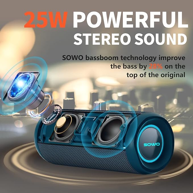 SOWO Portable Bluetooth Speaker, IPX7 Waterproof Wireless Bluetooth Speaker | Bassboom Technology, 25W Loud Stereo Sound, LED Light with TWS Pairing, 16H Playtime for Home and Outdoor -Blue