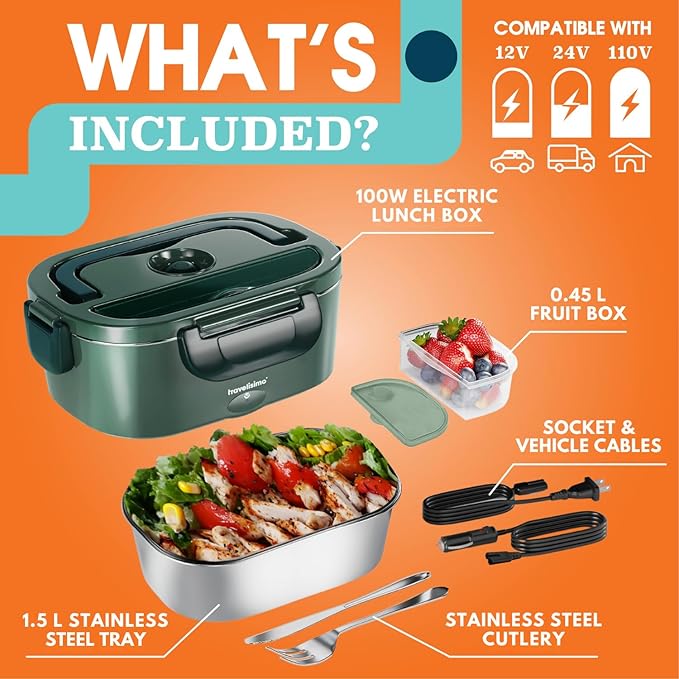 TRAVELISIMO Electric Lunch Box for Adults 100W Heated Lunch Box For Men 1.5L Stainless Steel Portable Food Warmer, 12/24/110V for Travel & Work, Loncheras Electricas Para Calentar Almuerzo