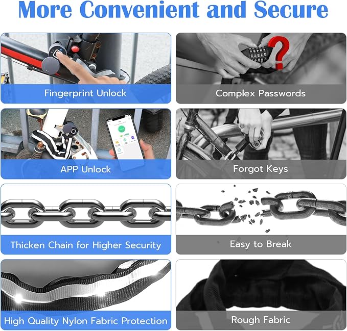 Eseesmart Bike Chain Lock, Fingerprint Bike Locks Heavy Duty Anti Theft, 3.28 Feet Security Bike Locks with APP, Waterproof Smart Cable Lock for Bike, Bicycle, Scooter, Motorcycle, Door, Gate, Fence