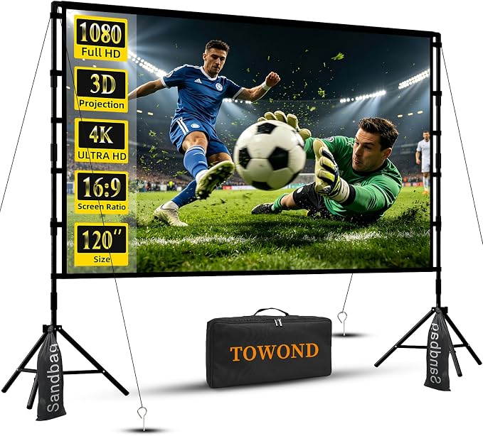 Outdoor Projector Screen with Stand, TOWOND 120 inch Projection Screen, Movie Screen 16:9 HD Foldable Anti-Crease Support Double Sided with Carry Bag for Outdoor Indoor