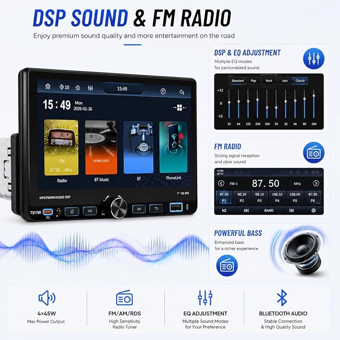 7" Single Din Car Stereo with Wireless Apple CarPlay,IPS Touchscreen,Bluetooth 5.2 Car Radio with Backup Camera,FM/AM/RDS,Android Auto,SWC,GPS Navigation,USB,Type-C Fast Charging,MIC