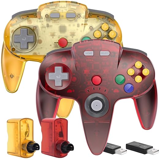 2 Pack Wireless N64 Switch Online Controller, 2.4 GHz USB & N64 Receivers, Compatible with Windows PC macOS Raspberry Pi, N64 / Switch Online/NSO - (Rechargeable) (Plug and Play) (Clear Red/Yellow)
