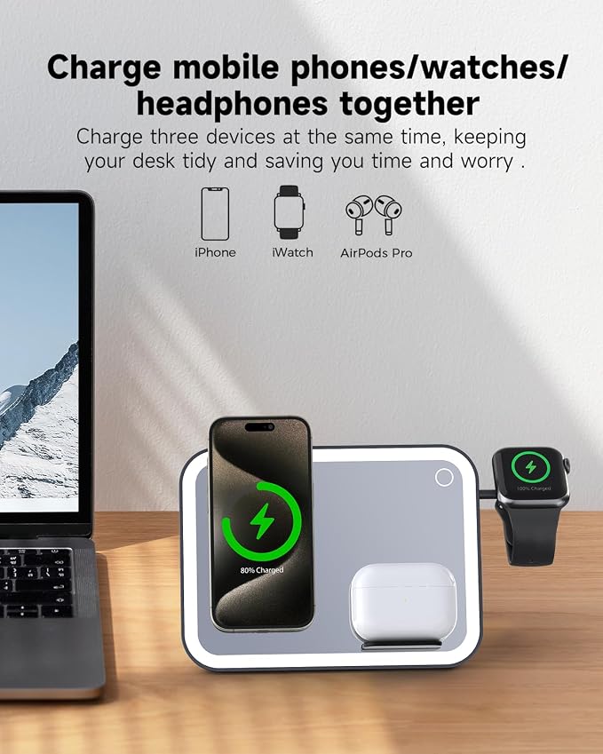 3 in 1 Wireless Charging Station for Apple Magnetic Charger Station for iPone& Apple Watch& Airpods (Black)