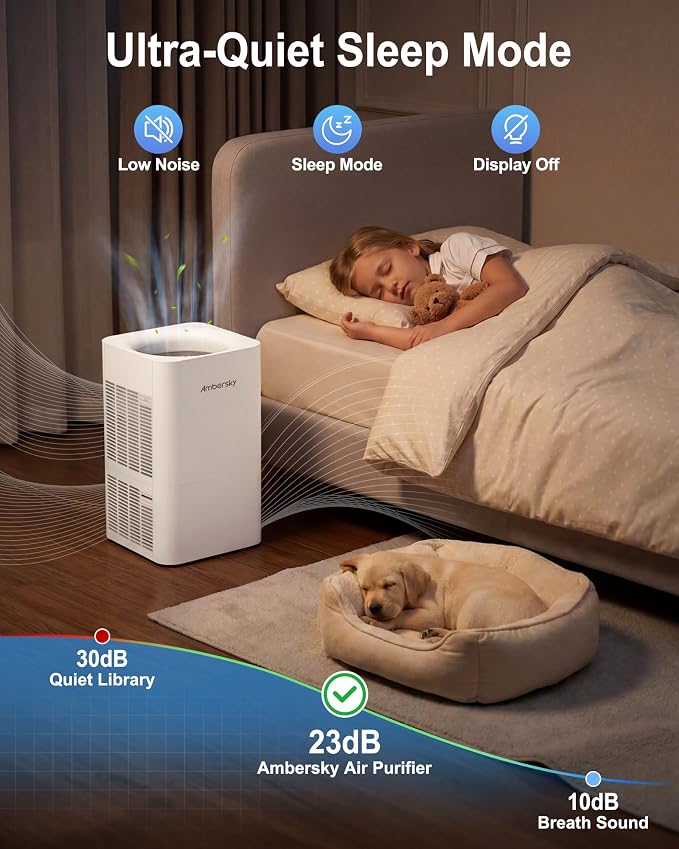 Ambersky Air Purifier for Home, True HEPA Filter for Large Room Up To 2500 Sq Ft, Sleep Mode, 5 Fan Speeds, 360° Air Cleaner for Pet Hair, Smoke, Dust, Odor