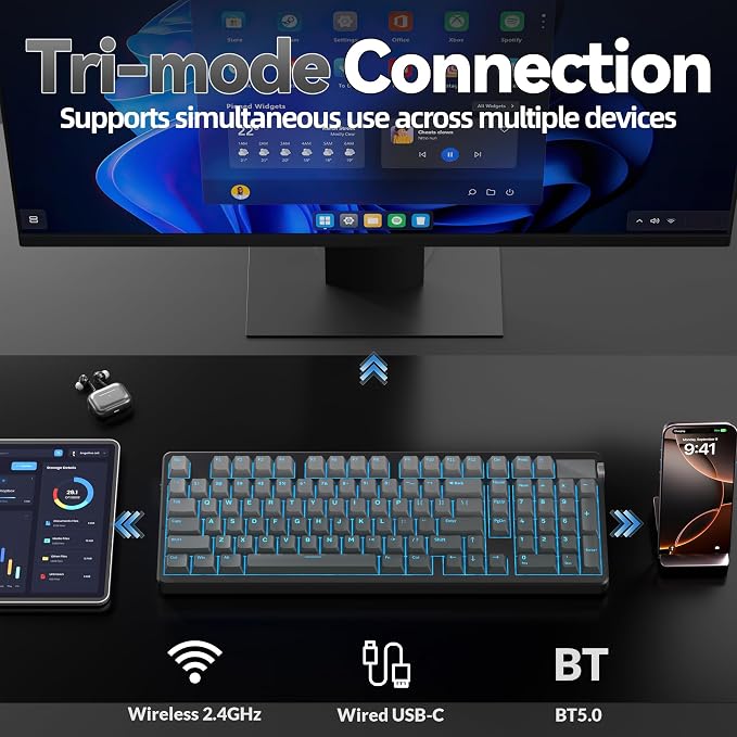 LEOBOG A98 Wireless Mechanical Keyboard, Tri-Mode BT5.0/2.4GHz/USB-C, Creamy Keyboard with Number Pad, Gasket Structure Hot Swappable, PBT Keycaps, RGB Backlit Black Gaming Keyboard with Knob for PC