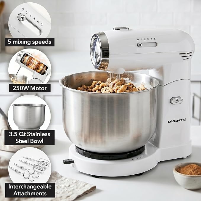 OVENTE Electric Stand Mixer with 3.5 Quarts Stainless Steel Mixing Bowl, 5 Speed Portable and Lightweight 250W Kitchen Mixer for Everyday Use, Includes 2 Egg Beater Whisk and Dough Hook, White SM680W