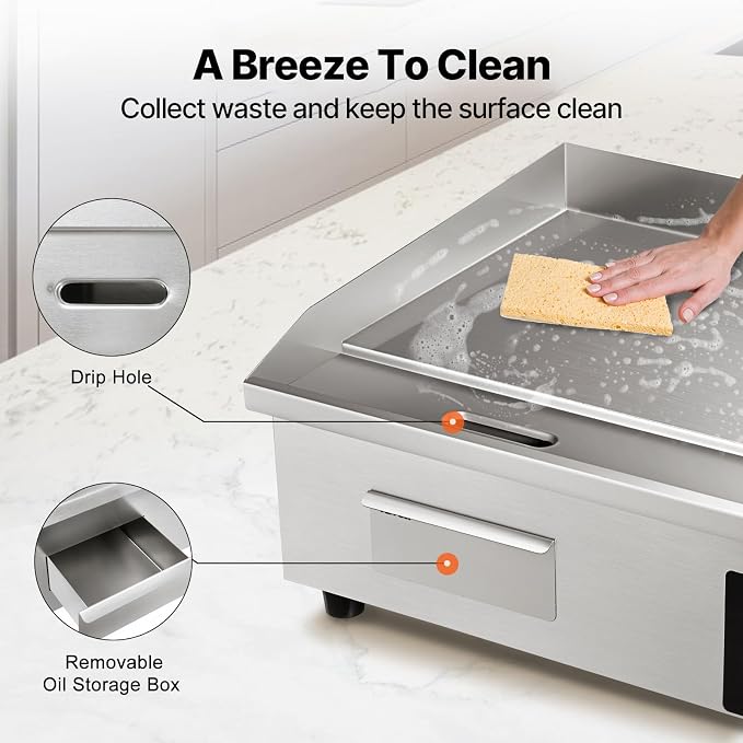 VEVOR Commercial Electric Griddle, 22", 1600W Countertop Flat Top Griddle, Stainless Steel Teppanyaki Grill w/Iron Cooking Plate, 122-572℉ Adjustable Temp Control 2 Shovels & Brushes, 110V