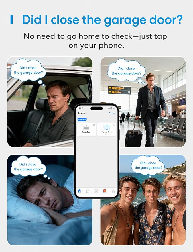 meross Smart Garage Door Opener Remote, Compatible with Apple HomeKit, Amazon Alexa, Google Assistant, SmartThings, Multiple Notification Modes, No Hub Needed,White