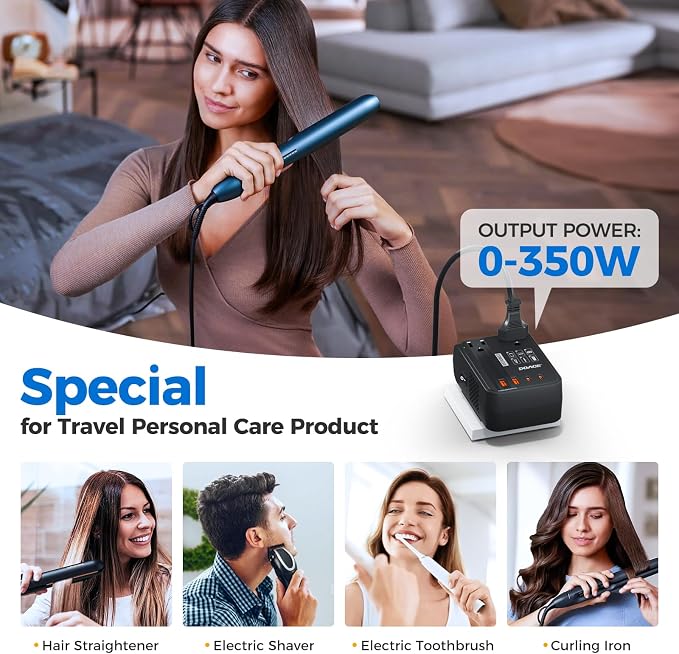 Upgraded 350W Voltage Converter US to Europe for Hair Straightener Shaver Toothbrush CPAP Camera Cell Phone - 220V to 110V Converter for European Travel, Power Converter Adapter Combo with PD Chargers