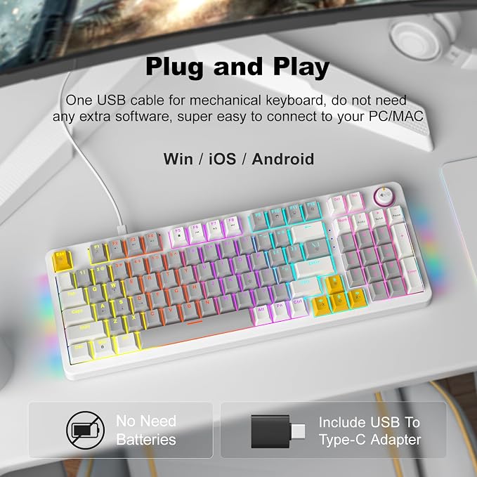 MOFII AK96 Mechanical Gaming Keyboard, Full Keys LED Backlit Programmable, Plug and Play USB A/C Wired Computer Custom Keyboard with Sound/Light Control Knob for Win/Mac - Gray & White