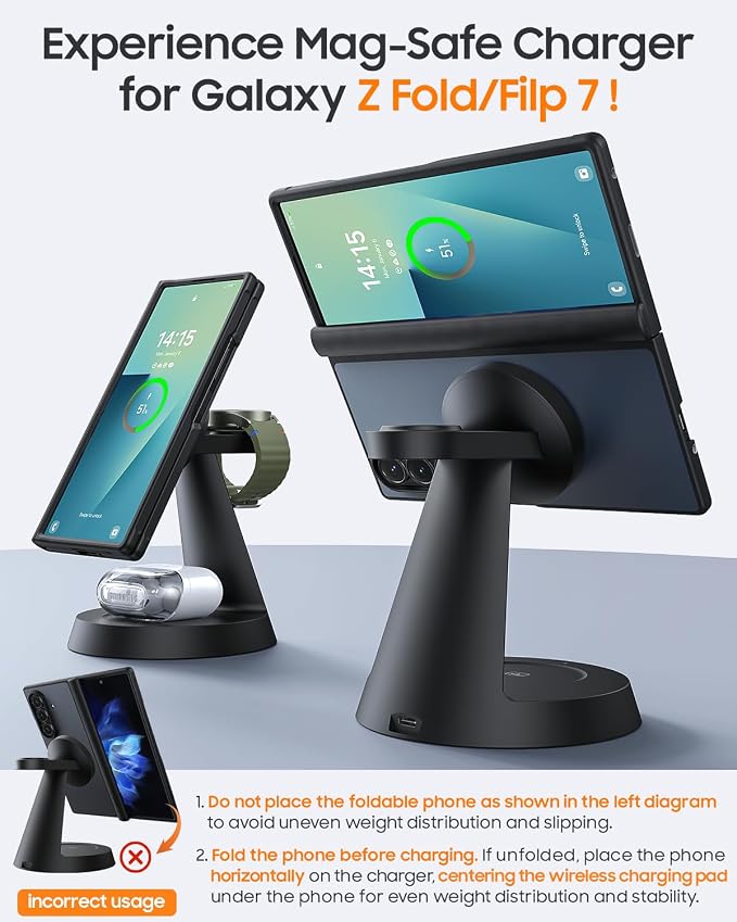 Meifigno Magnetic Wireless Charger for Samsung, 3 in 1 Charging Station Compatible with MagSafe Samsung Charger for Galaxy S26 Ultra S25 Z Fold7/Flip7, Charger Stand for Galaxy Watch Ultra 8, for Buds