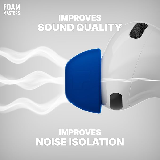 Foam Masters Ultra-Premium Memory Foam Ear Tips for AirPods Pro 3rd Gen (2025) | 3 Pairs | New Ver. | Secure Fit | Super Comfort | Better Noise Cancel | Replacement Buds (Assorted S/M/L, Blue)