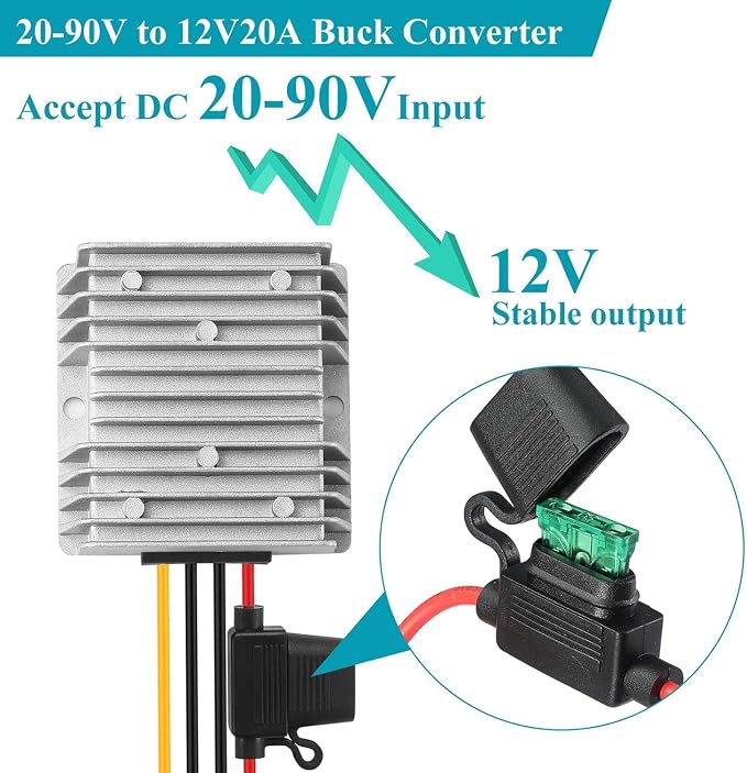 20-90V to 12V 20A 240W Waterproof DC-DC Buck Converter with Fuse | Step Down Converter for Automotive, Led Lights, Construction Sites, Tools