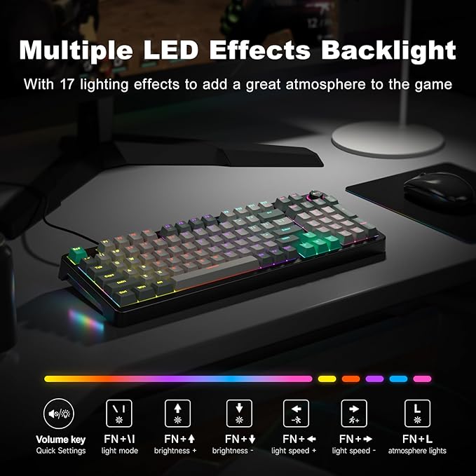 MOFII AK96 Mechanical Gaming Keyboard, Full Keys LED Backlit Programmable, Plug and Play USB A/C Wired Computer Custom Keyboard with Sound/Light Control Knob for Win/Mac - Gray & Black