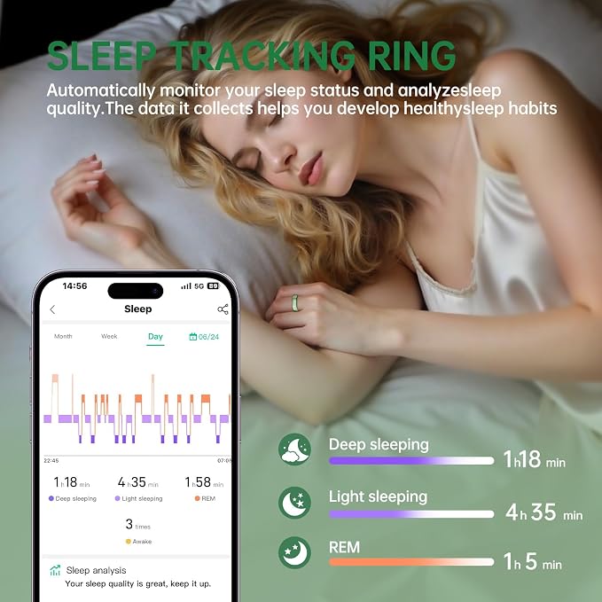 Smart Ring for Women & Men, Health Tracker Ring with Heart Rate, SpO2, Blood Pressure,Temperature, HRV & Stress, IP68 Waterproof Fitness Ring, Sleep Tracker for iPhone & Android, No App Fee(Green, 6#)