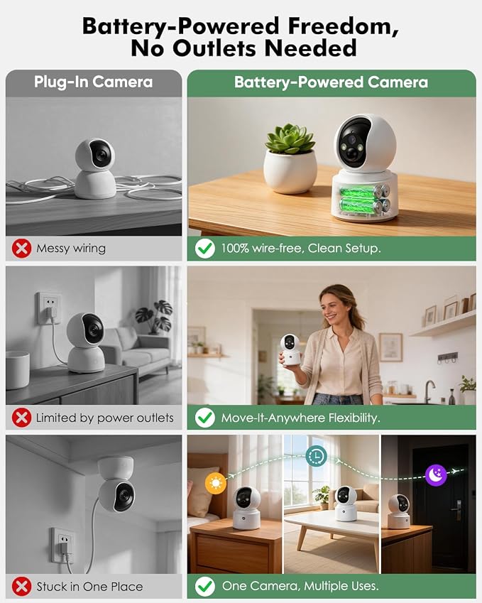 Battery Powered Indoor Camera Wireless for Home Monitoring, Rechargeable Pet Camera with 2-Way Audio, 360° PTZ, 2.5K Color Night Vision, Dual-Band WiFi, TF/Cloud Storage, Dog & Cat Cam with phone app