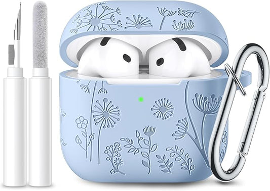 Lerobo Silicone Case for Airpods 4 Case Cover with Cleaner Kit, Cute Flower Engraved Protective Case Cover with Keychain Compatible with Apple Airpods 4 Case 2024, Lilac