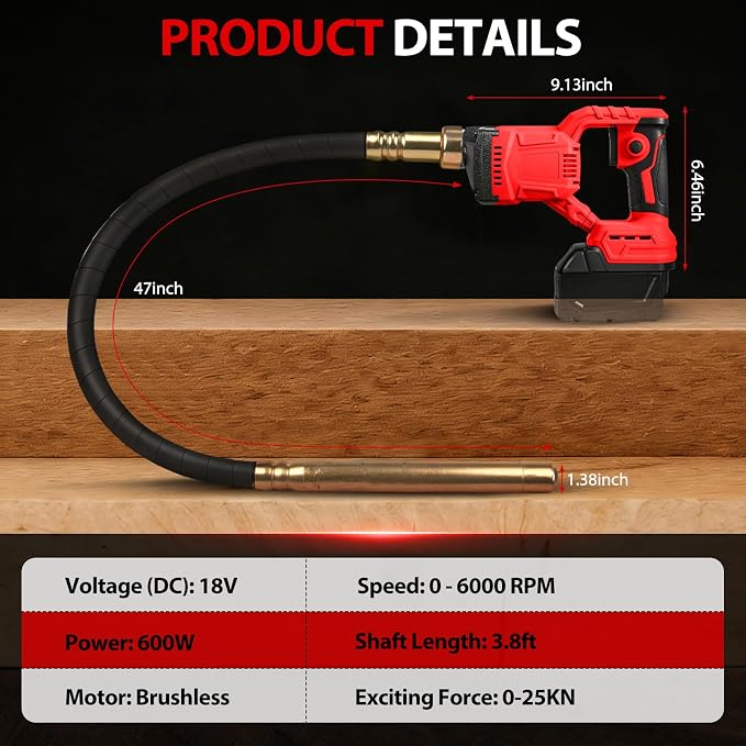 Handheld Concrete Vibrating Tool for Milwaukee M18 18V Battery, 600W Cordless Electric Concrete Vibrator with 3.8ft Shaft Rod, 6000RPM Brushless Portable Vibrarator Remove Air Bubble (No Battery)