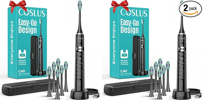 COSLUS Sonic Electric Toothbrush for Adults C40(DY-108Pro):47000 VPM for Deep Cleaning with Travel Case Modes for Sensitive Teeth &Brace,Wireless Charging, 6 Brush Heads for Family, Black,(Pack of 2)