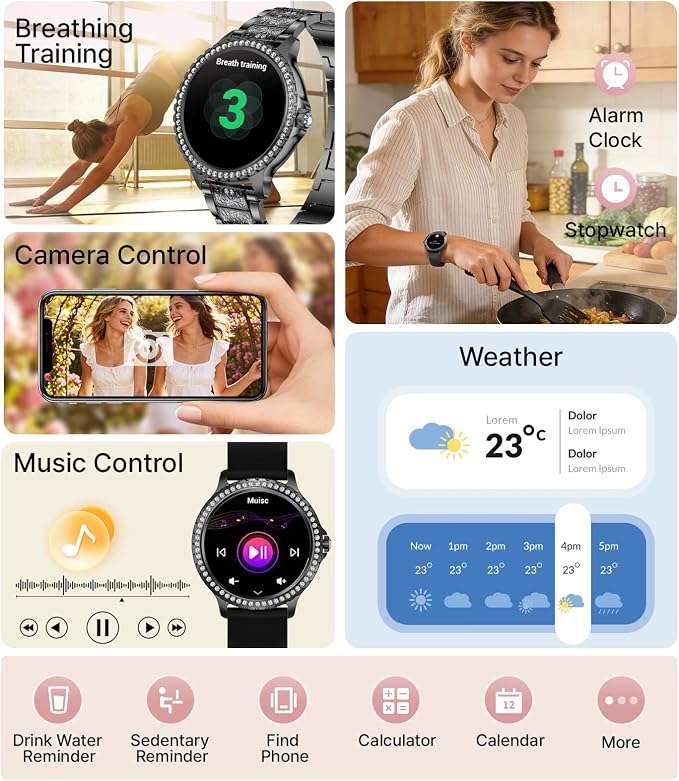 LIGE Smart Watches Women,1.32" HD Diamonds Smart Watch for Android iOS,Bluetooth Call,120+ Sport Modes,Health Tracker,Customized dials,2 Interchangeable Straps