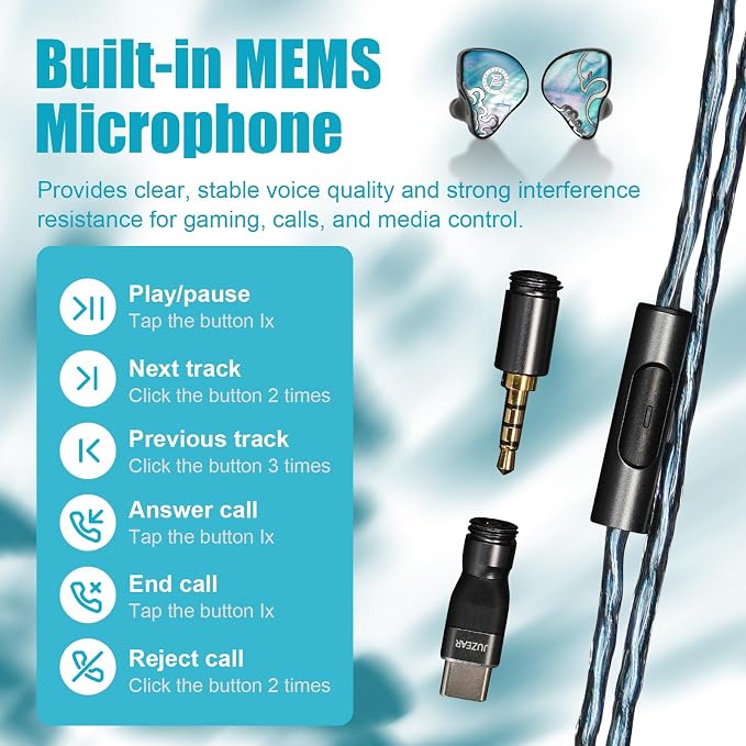 HiFiGo Juzear Defiant Gamefidelity Edition Gaming IEMs, 1DD+3BA Hybrid Driver Wired Earbuds, Noise Isolating in‑Ear Monitors with HD Mic, Swappable 3.5mm/USB‑C for PC/PS5/Switch/Mobile (Blue)