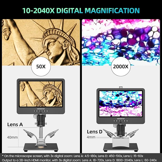 Andonstar AD249S-M Plus 10.1'' HDMI Soldering Digital Microscope for Electronics Repair, 2000x 3 Lens 2160P UHD Video Record, Soldering Microscope Station with Helping Hands, Slides, 32GB Card
