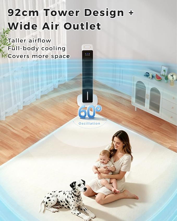 Evaporative Air Cooler, 3-in-1 Portable AC Tower Fan Air Conditioner with 4 Modes & 3 Speeds, 24H Timer, Remote 60°Oscillating Tower Fan, Quiet Swamp Cooler, Tower AC for Bedroom Office, 36inch, Black