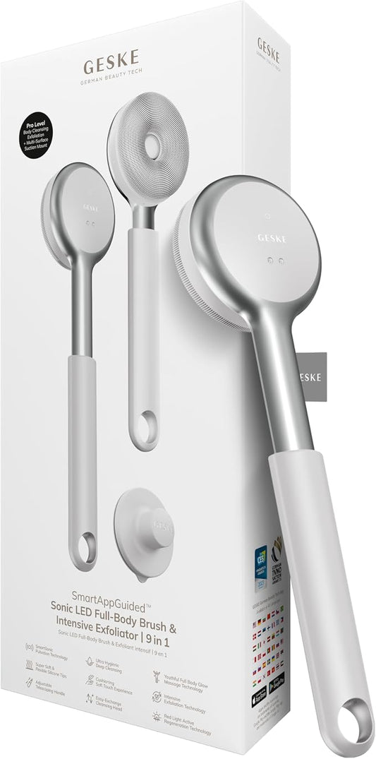 GESKE LED Sonic Full-Body Brush | 9 in 1 | Body Cleansing Brush & Intensive Exfoliator with LED | with SmartSonic Pulsations | Expert Deep Cleansing & Massage | Rough Skin Remover | Adjustable Handle