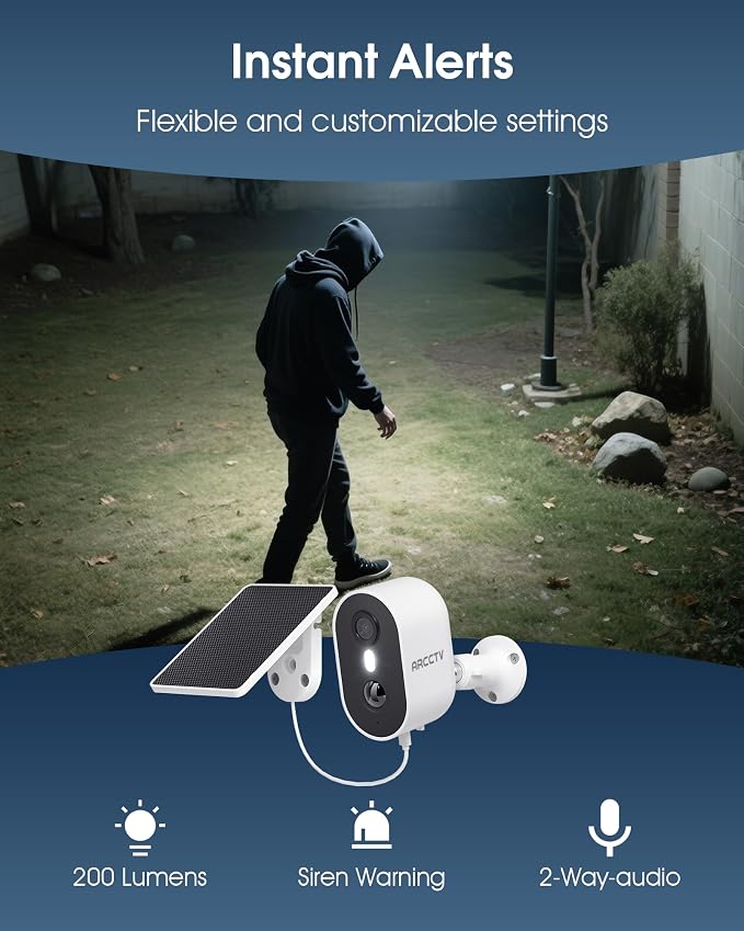 ARCCTV Security Camera Wireless Outdoor, 4MP Recharge Battery Powered WiFi Camera with Solar Panel, Motion Detection, Color Night Vision, 2-Way-Audio, 2.4G/5G Dual Band WiFi