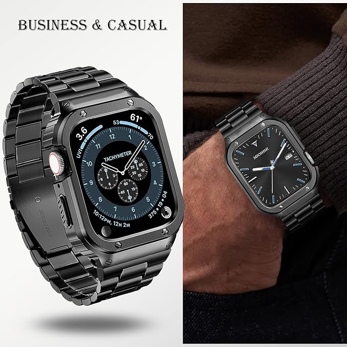 MioHHR Stainless Steel Band and Case Compatible with Apple Watch Band 46mm Series 11 10, Men Metal Protective Bumper Cover for iWatch 46mm Series 11/10, Black